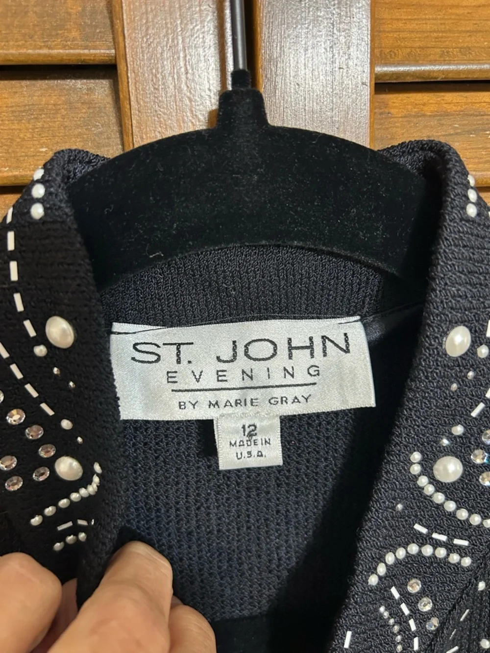 St. John Evening Black Pearl & Crystal Embellished Zip-up Knit Jacket Size 12 - Picture 7 of 11